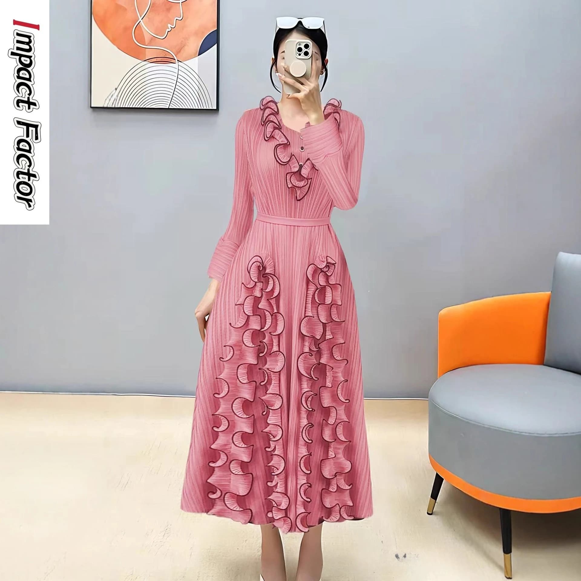 Abito Miyake 2025 Nuovo colore solido piccola foglia di loto cintura con bordo denso girocollo manica lunga elegante abito a pieghe