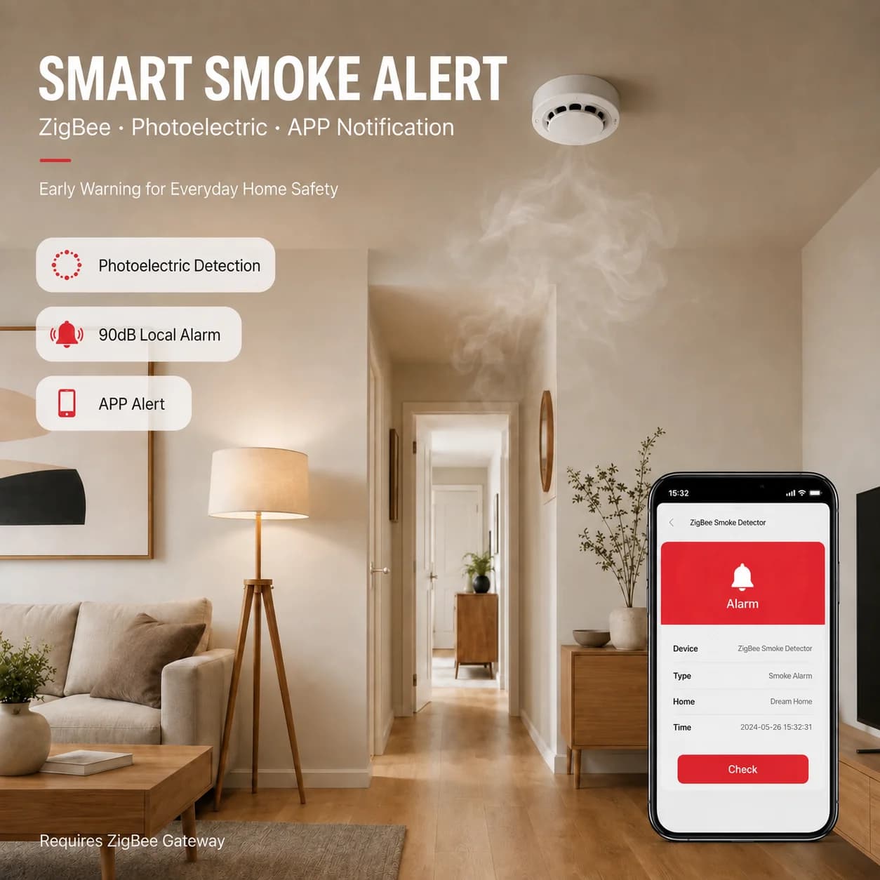 Tuya ZigBee Smoke Detector Photoelectric Smoke Alarm Sensor 90dB App Alert Smart Life Home Security Requires ZigBee Hub