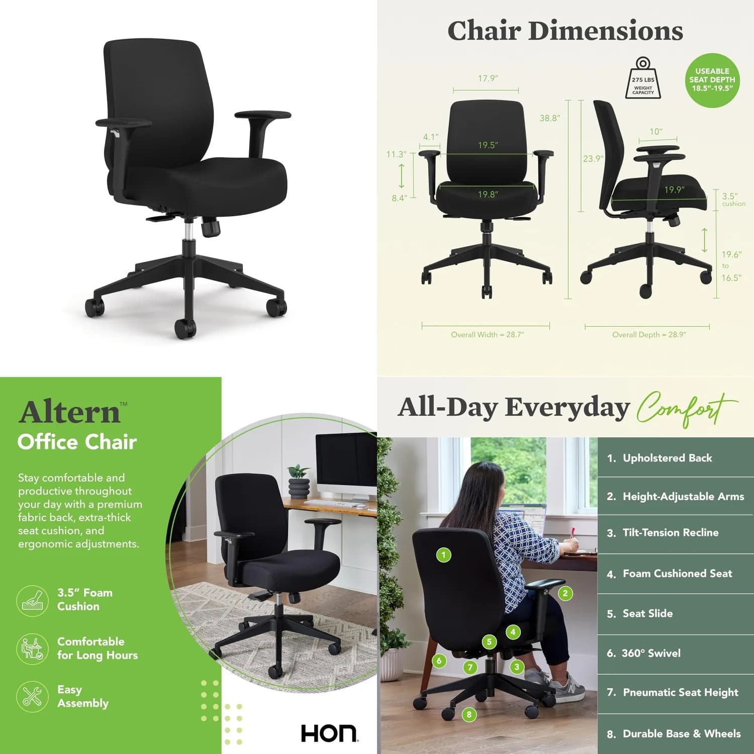 Sedia da Ufficio Ergonomica in Tessuto con Braccioli Regolabili, Ruote, Cuscino in Schiuma, Schienale Basso, Seduta Scorrevole Sincronizzata, Nera Personalizzabile per Casa