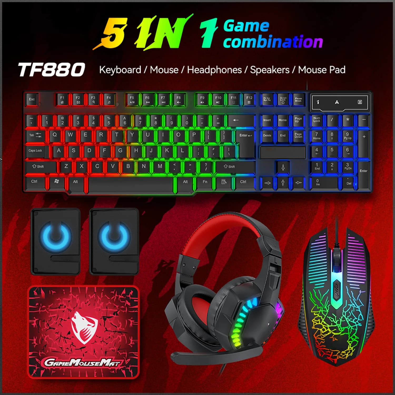 5-in-1 Set Gaming Combo Keyboard Mouse with 4 Color Respiratory Light 3.5mm Gaming Headphones Playground Anti-slip mouse pad NEW CALDO
