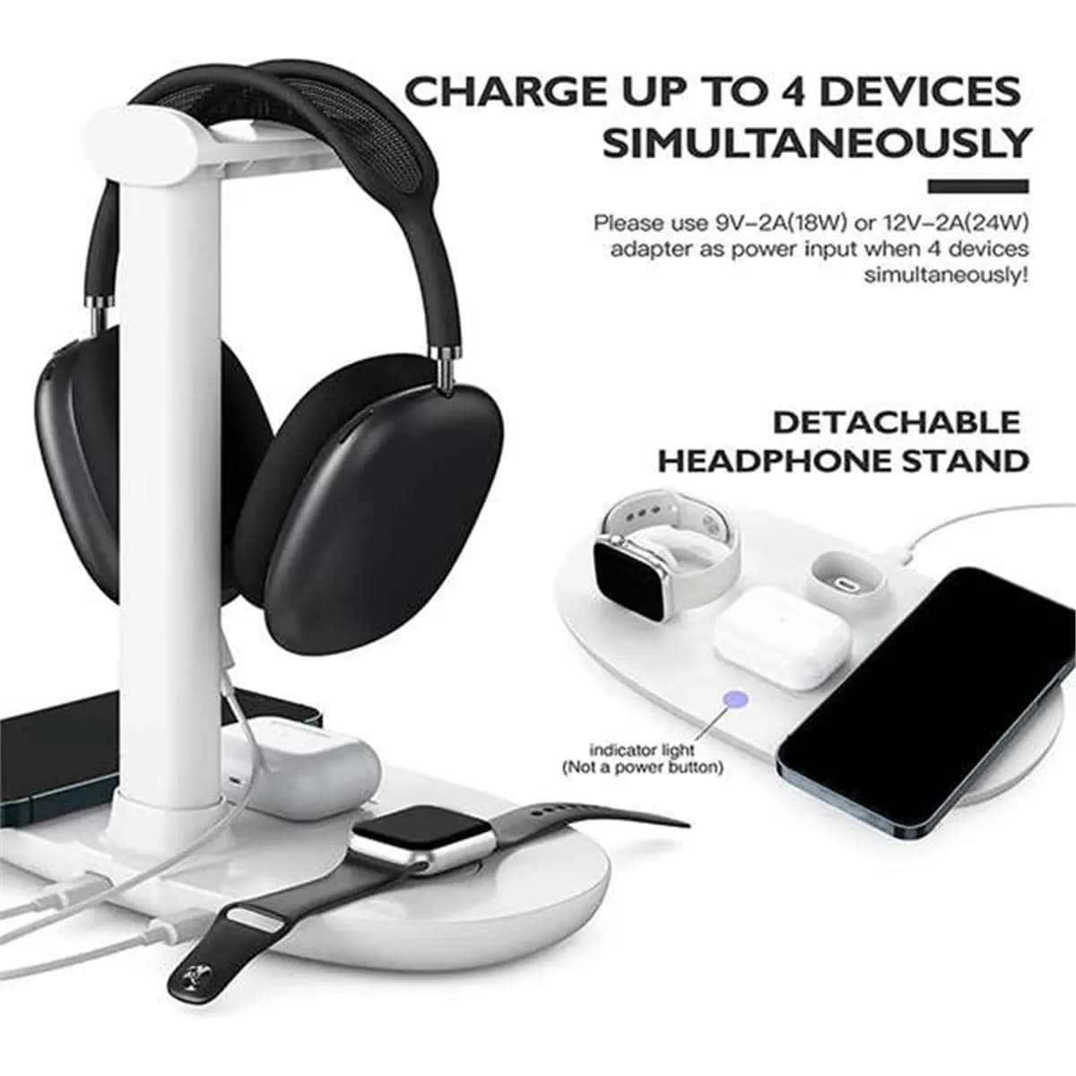 A32I Multi Purpose 4 in 1 Wireless Charging Headphone Stand with Detachable Desk Holder for Headsets,Watch Organizer Station