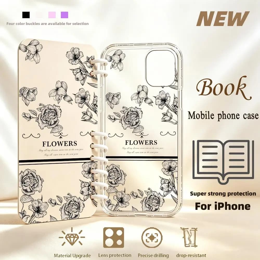 Sketch flower text Book-style All-inclusive phone case for iPhone 17、16、15、14、13、12、11pm Pro Plus Double-sided Dropresistant