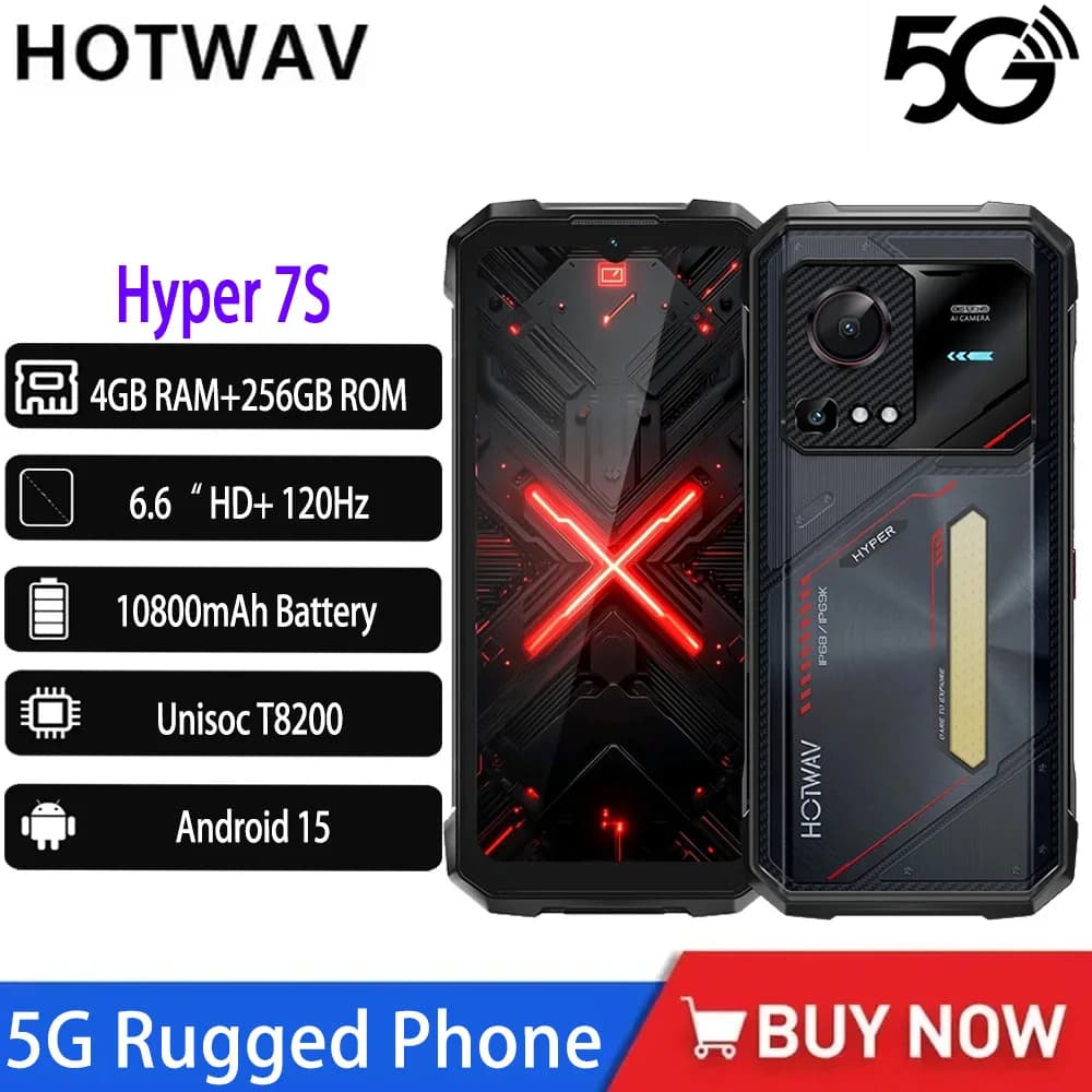 Telefono robusto HOTWAV Hyper 7S 5G 6.6" HD+ 120Hz 4GB RAM+256GB ROM Unisoc T8200 IP68/IP69K 10800mAh 20W Android 15 NFC Smartphone