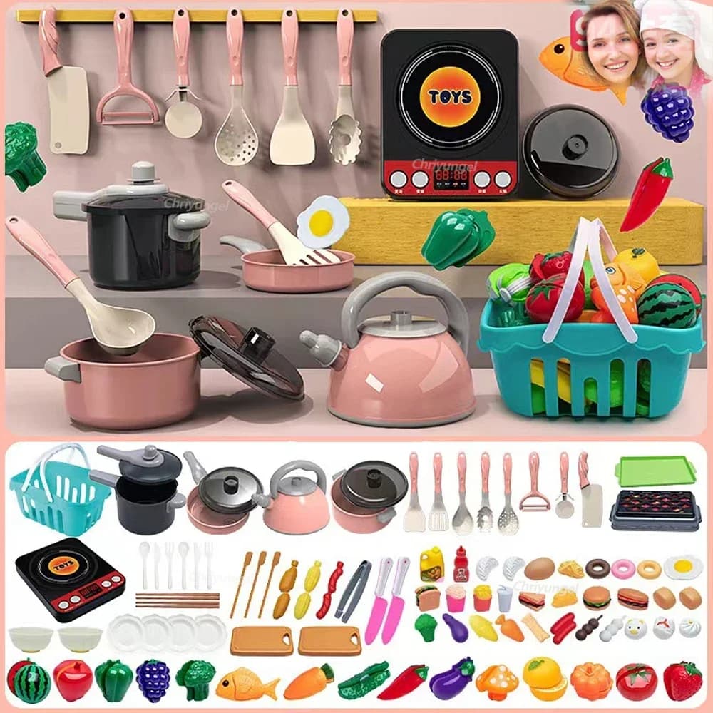 Set di giocattoli da cucina per bambini 92/69/59 pezzi Kit di accessori da cucina da gioco con pentole da gioco Fai finta di cibo Giocattolo da cucina Regalo per ragazze e ragazzi
