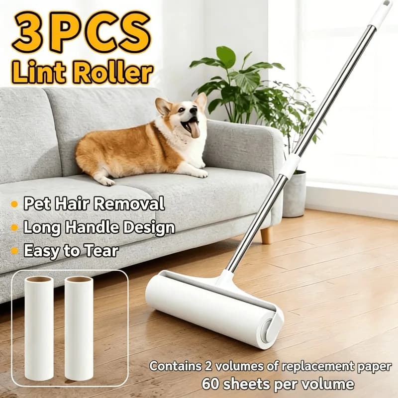 Long Extendable Handle Pet Hair Lint Roller Set with 2 Refill Rolls, Super Sticky Lint Remover for Sofa Carpet Floor Dog Cat Fur