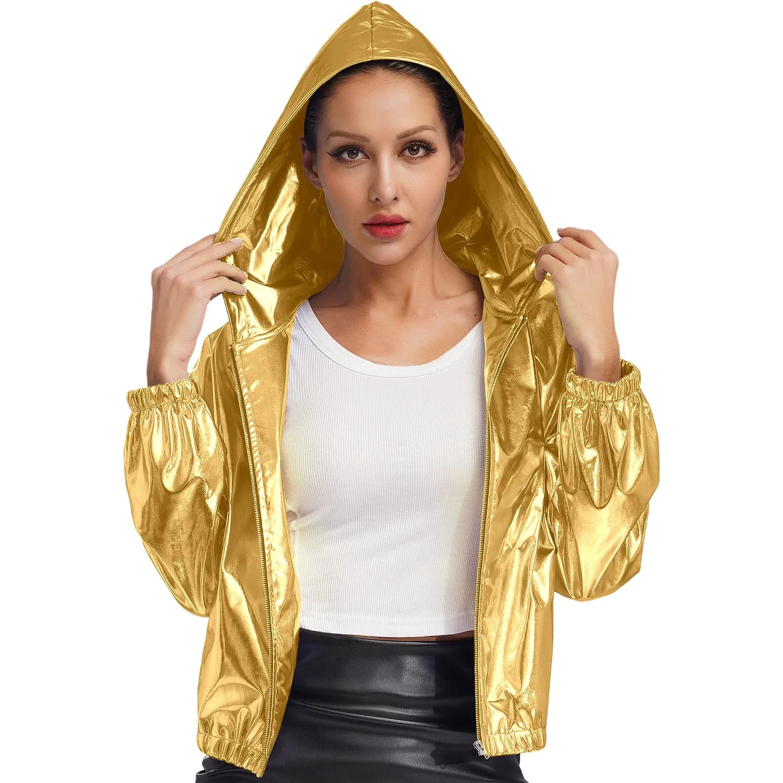 Women Holographic Costume Baseball Jacket Autumn Metallic Shiny Bomber Jacket Coat Long Sleeve Zipper Sweatshirt Jazz Dancewear