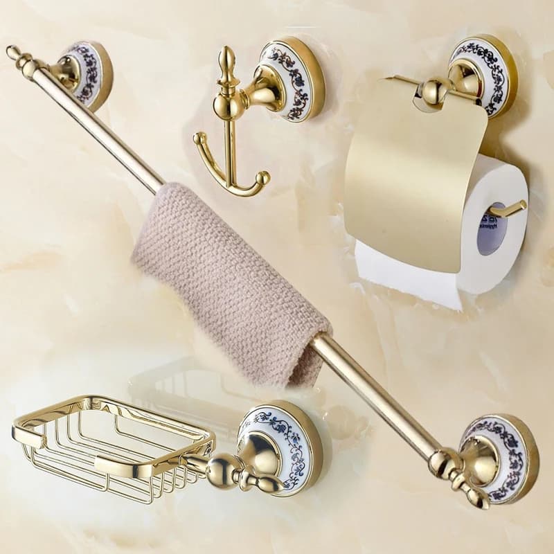 Set di accessori per il bagno in oro da 4 pezzi/set: mensola, gancio per accappatoio, portasciugamani, porta fazzoletti, acciaio inossidabile