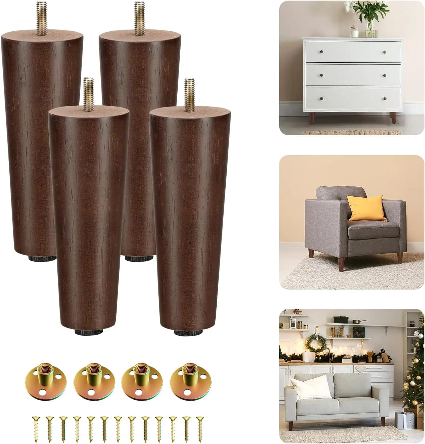 Set di 4 gambe rotonde in legno da 6 pollici per mobili, piedini di ricambio regolabili per divano, letto, cassettiera, gambe affusolate marroni con livellatori