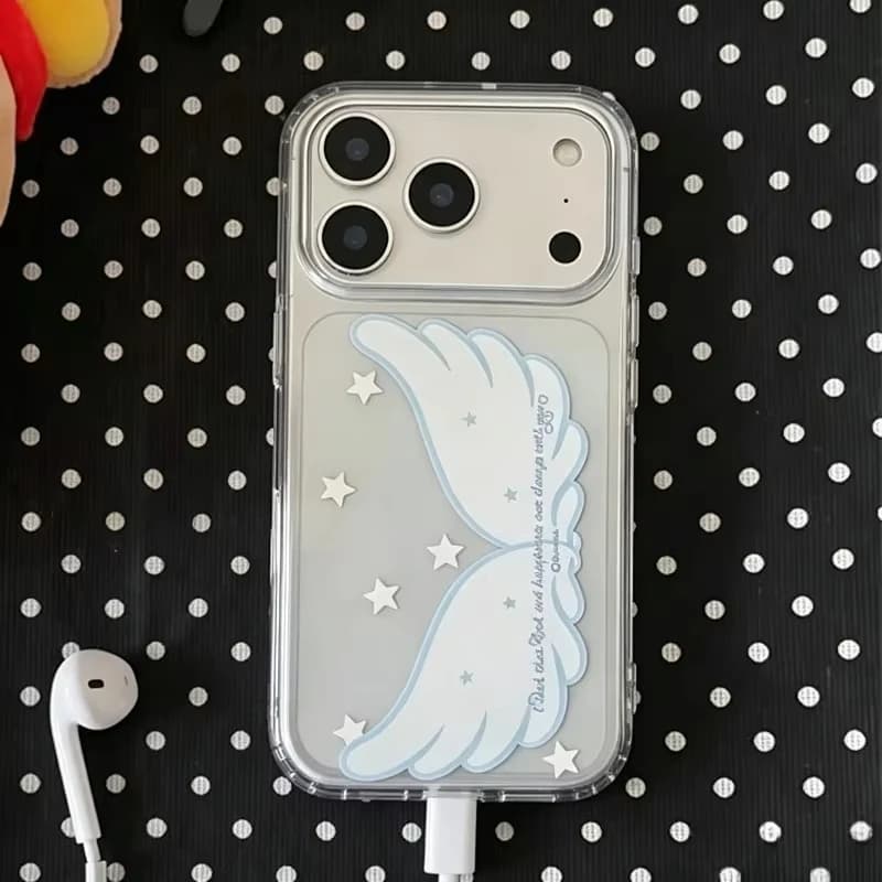 Cute Cartoon white angel wings baby Phone Case for iPhone 12 13 14 15 16 17 Pro Max Plus Dreamy Double Wing Little Star Cover