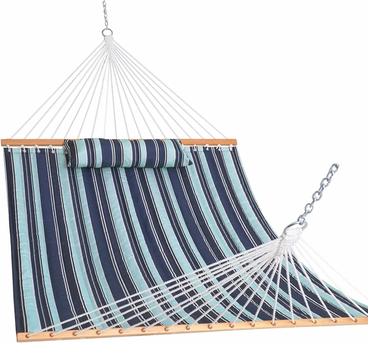 3.6 m double hammock with quilted fabric, space bars and pillow, supports 204 kg for two people