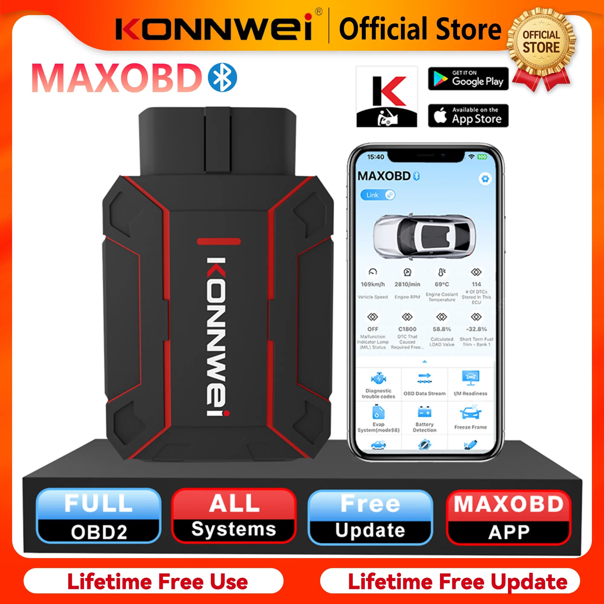 KONNWEI MAXOBD 2026 Scanner OBD2 Bluetooth 5.0, Strumento Diagnostico Auto con Funzioni ABS DPF EPB SAS SRS TPMS, Scansione Completa del Sistema