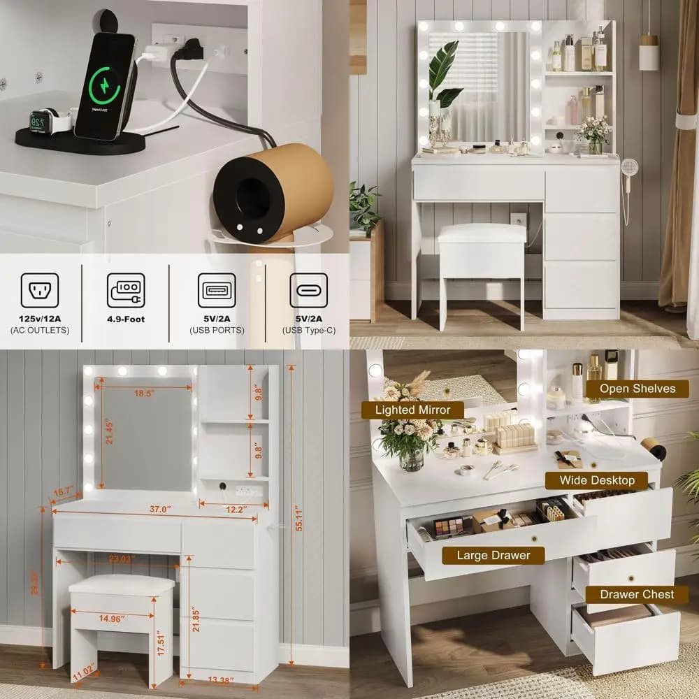 Vanity Desk white for make-up with mirror, 12 LED lights, USB and power sockets, 4 drawers, hairdryer and padded stool