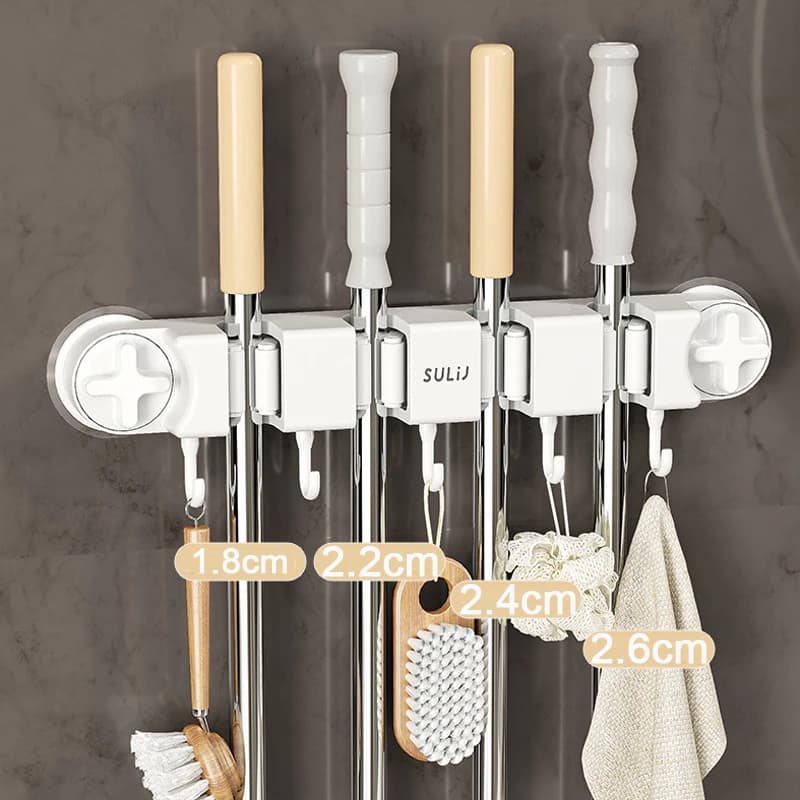Supporto per clip per mop a ventosa 2-4 clip per scopa da parete, spazzola per scopa, appendiabiti per cucina, bagno, organizer per mensola con gancio per accesso