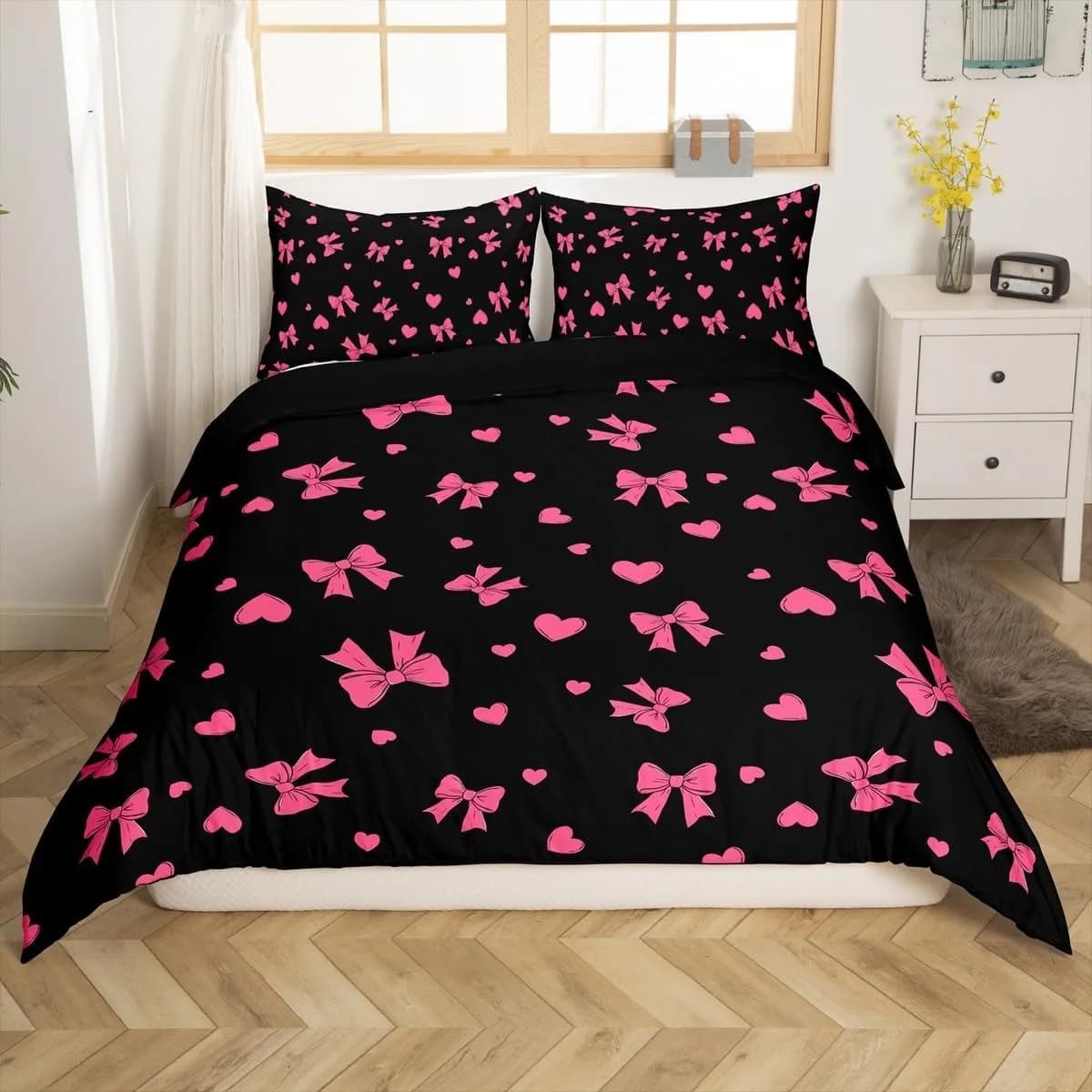 Black Base Pink Bow Heart Print Bedding Set Duvet Cover Cute Coquette Style Quilt Cover Pillowcases No Sheet For Teen Girls