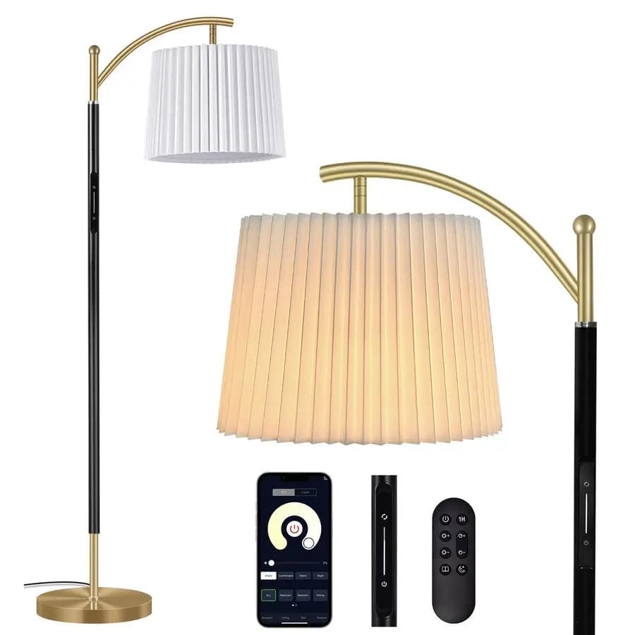 Lampada da terra moderna dimmerabile con paralumi in tessuto e pieghettati, controllo remoto e touch, luminosità e temperatura colore regolabili