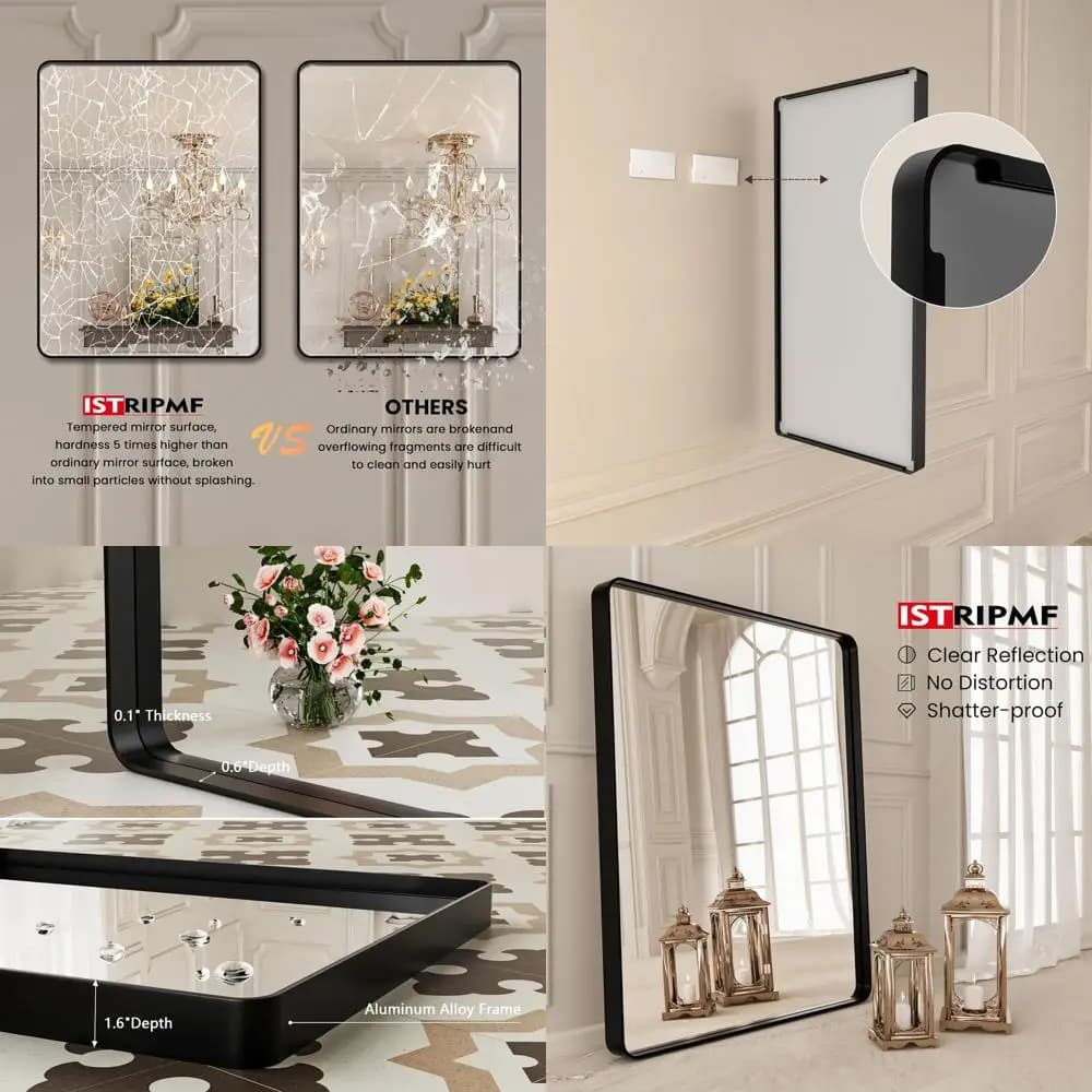 Specchio cosmetico da bagno rettangolare arrotondato nero opaco da 28x36 pollici, vetro temperato, montabile a parete