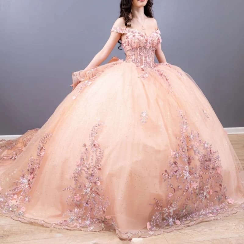 Abiti Quinceanera rosa lucido Abito da ballo con spalle scoperte Paillettes Applique Perline di pizzo Fiocco Tull Corsetto Sweet 16 Dress Abiti 15