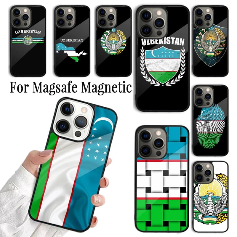 Cover per Telefono con Emblema della Bandiera Nazionale dell'Uzbekistan per iPhone 17 16 15 14 13 12 11 Pro Max Plus Magnetica Compatibile con Magsafe