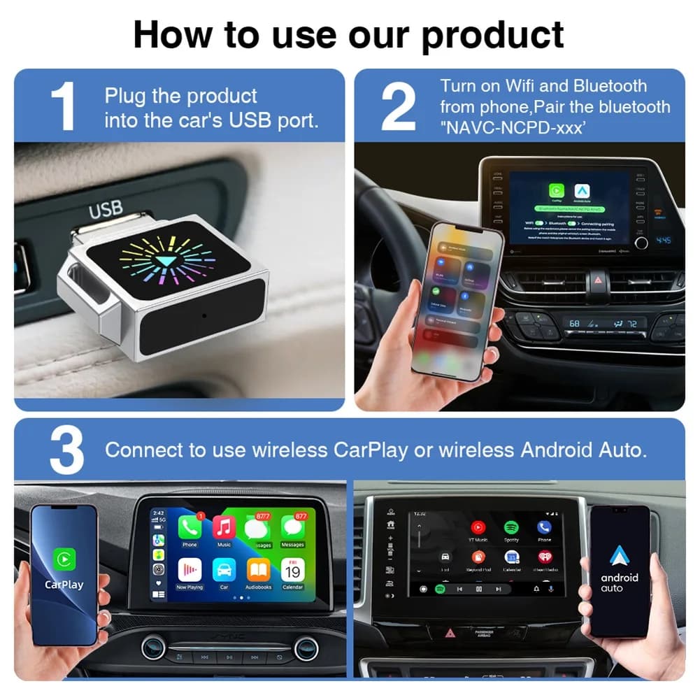 OKgood Adattatore USB Universale 2IN1 Wireless CarPlay Android Auto, Mini Box Intelligente Plug & Play per VW Toyota Nissan Ford Benz