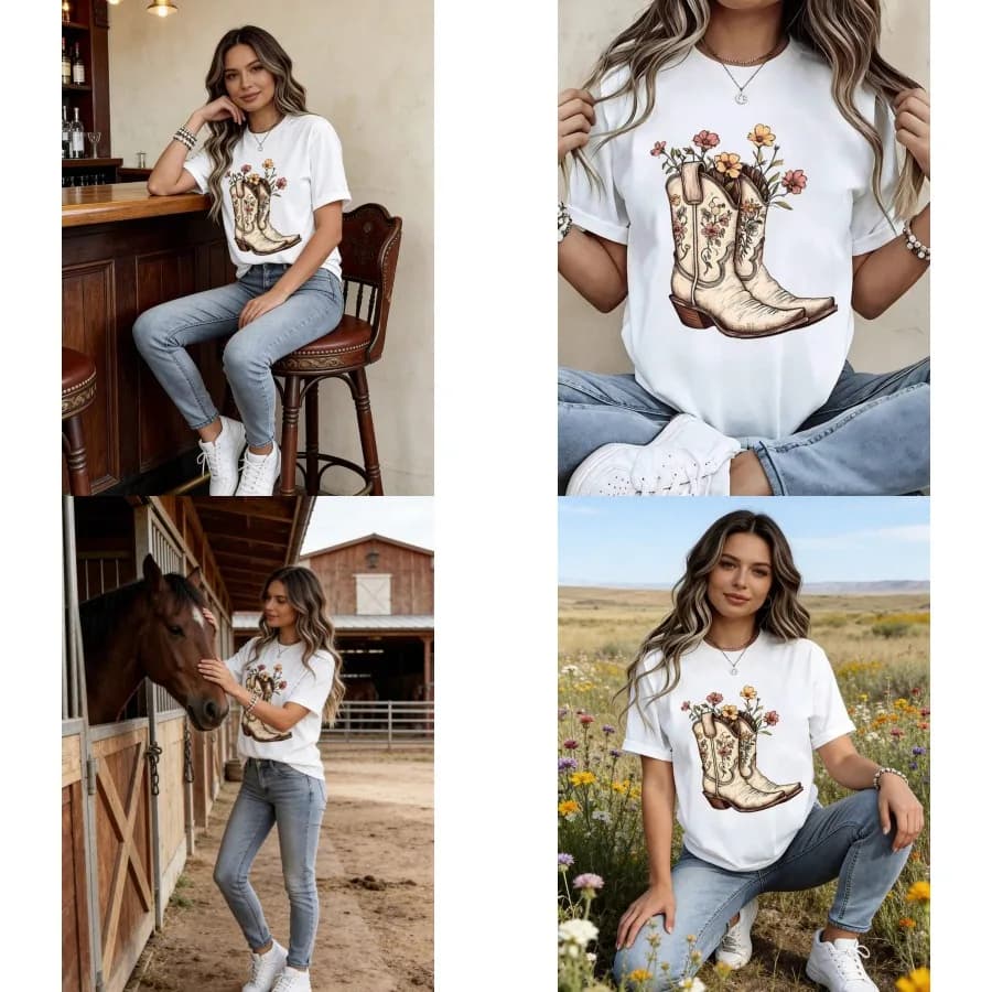 【New style】Women Round Neck T Shirt Cowboy Boots With Floral Design Short Sleeve Casual Summer Outfit For Daily Wear And Wester