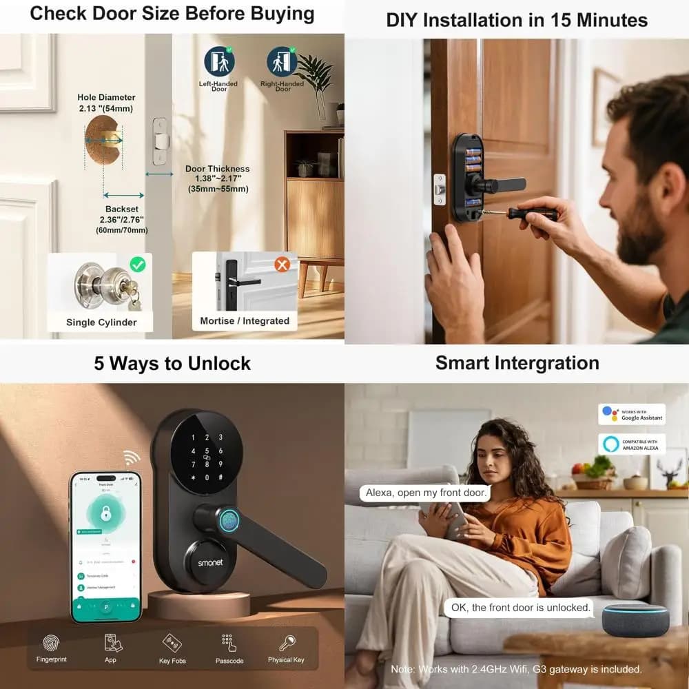 Serratura Intelligente con Impronta Digitale e Maniglia: Tastiera Touchscreen, Anti-Spia, Compatibile con Alexa