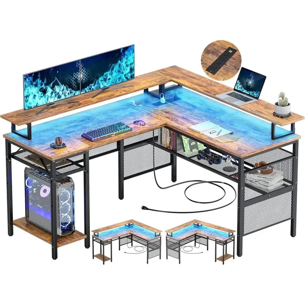 Reversible L-Shaped Desk with LED Light, Power Outlet, Monitor Stand, and Storage Shelf, Rustic Brown