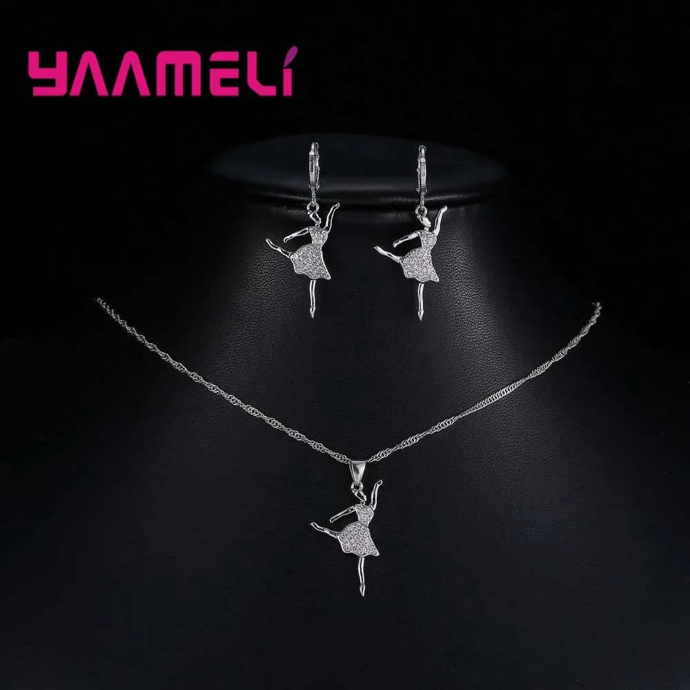 Original 925 Sterling Silver Dancing Girl Zircon Pendant Necklace Earrings Set for Women Wedding Party Fashion Jewelry Gifts