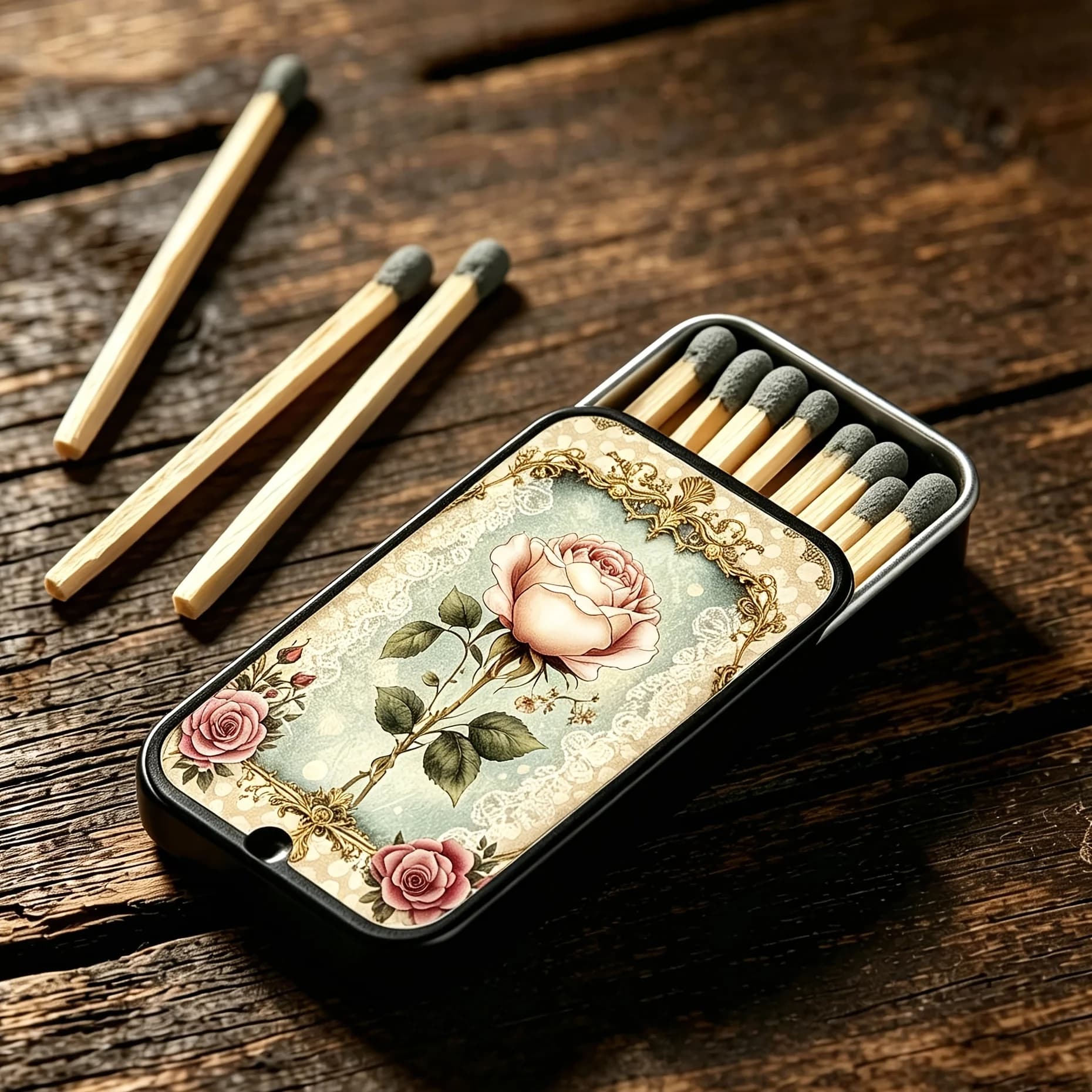 1pc /Interesting Retro Rose Lace Art Pattern Metal Sliding Iron Box, Mini Portable Iron Box, Matches Not Included, Valentine'S Day Gift/Holiday Gift, Small Jewelry Storage Box, Jewelry Boxes metal match box