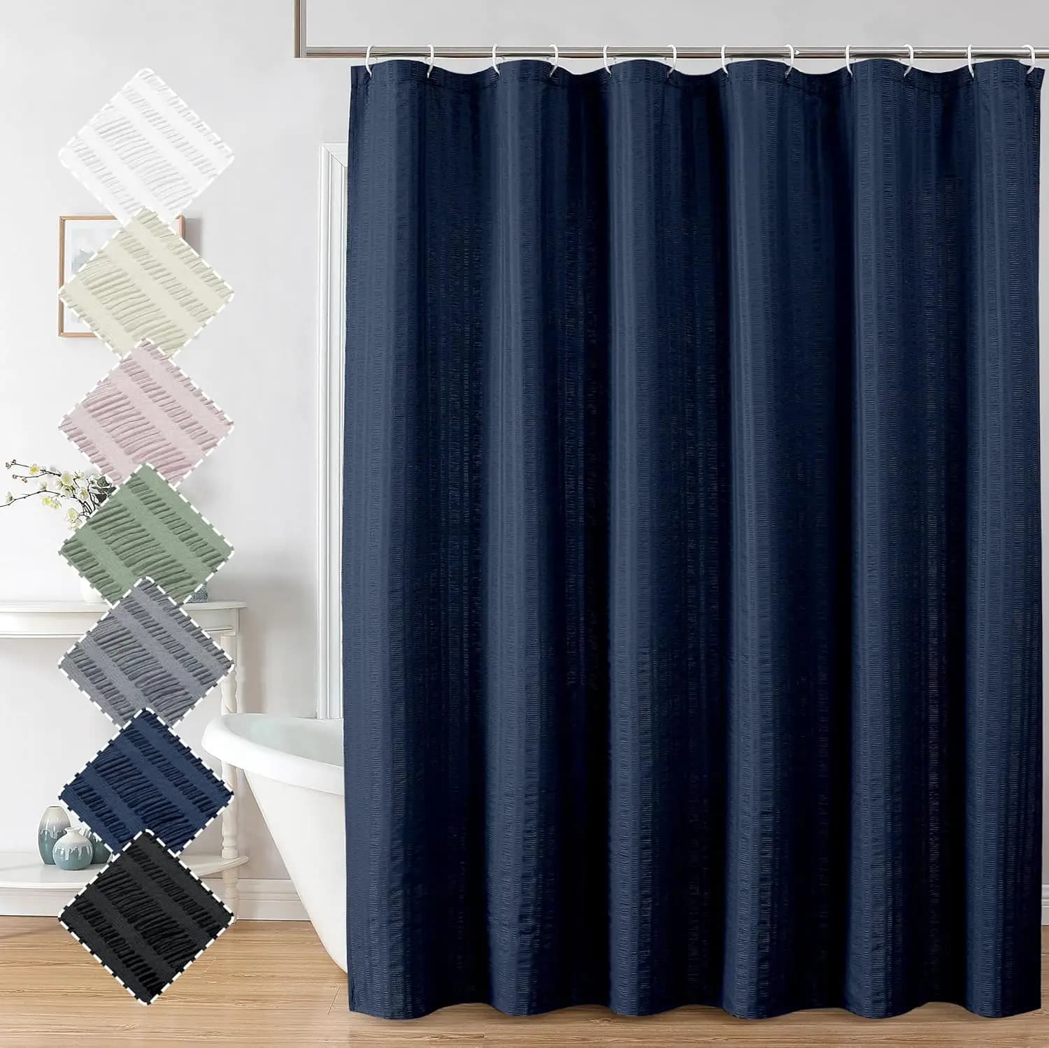 Tenda da Doccia in Tessuto Blu Navy per Bagno - Poliestere con 12 Fori, 72x72, Lavabile in Lavatrice