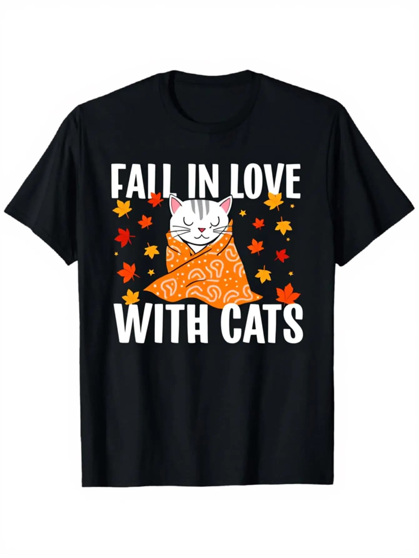 T-shirt with motifs for men and women, theme cats - design with black cats and autumn leaves, short sleeve t-shirt with round neckline