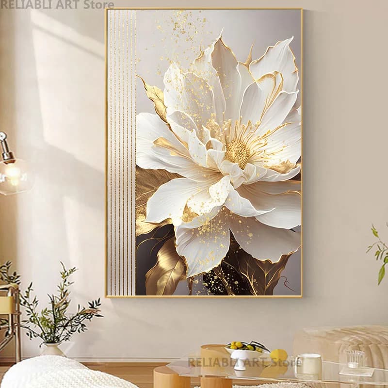 Abstract poster of white flowers in gold foil, painted on canvas modern prints artistic wall image, home decorations without frame