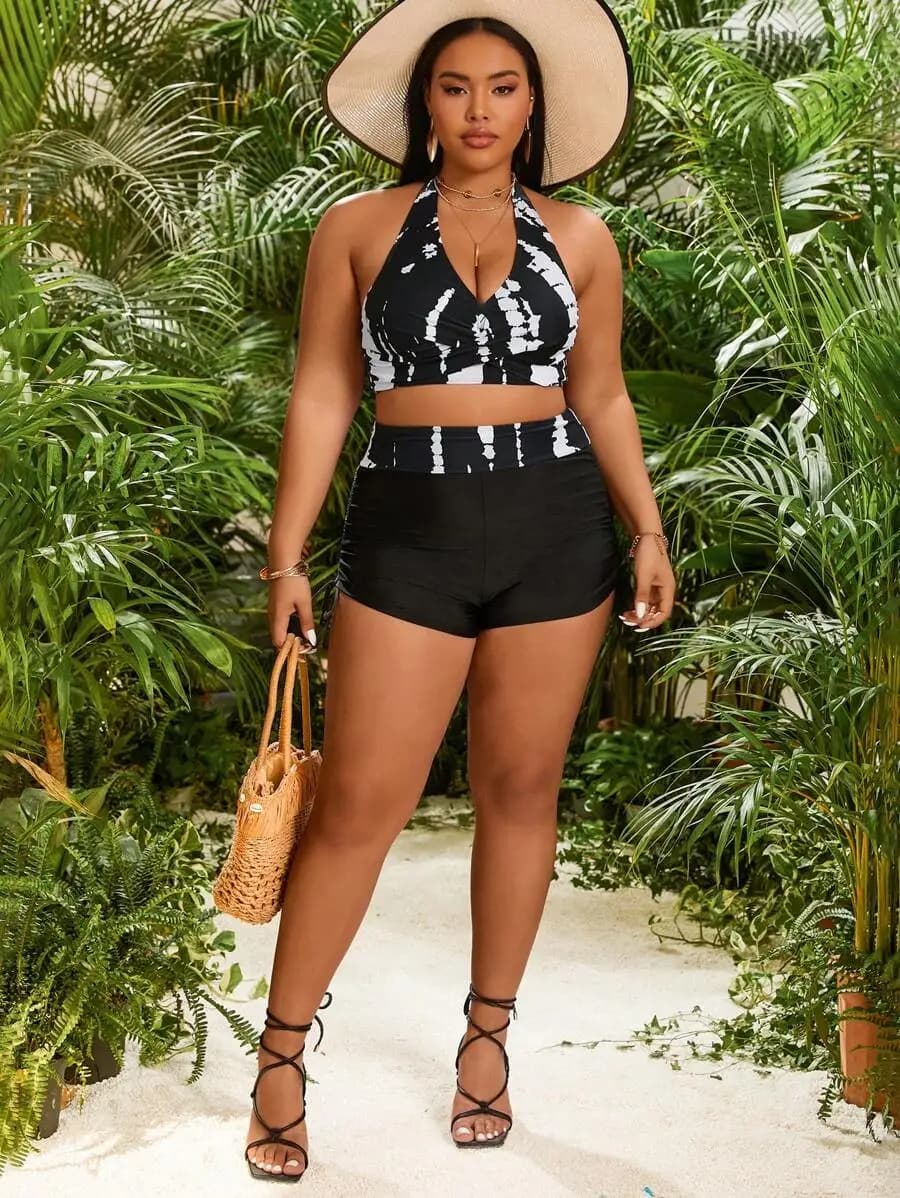 Plus Size Halter Neck Two Piece Swimsuit Set With Black And White Print
