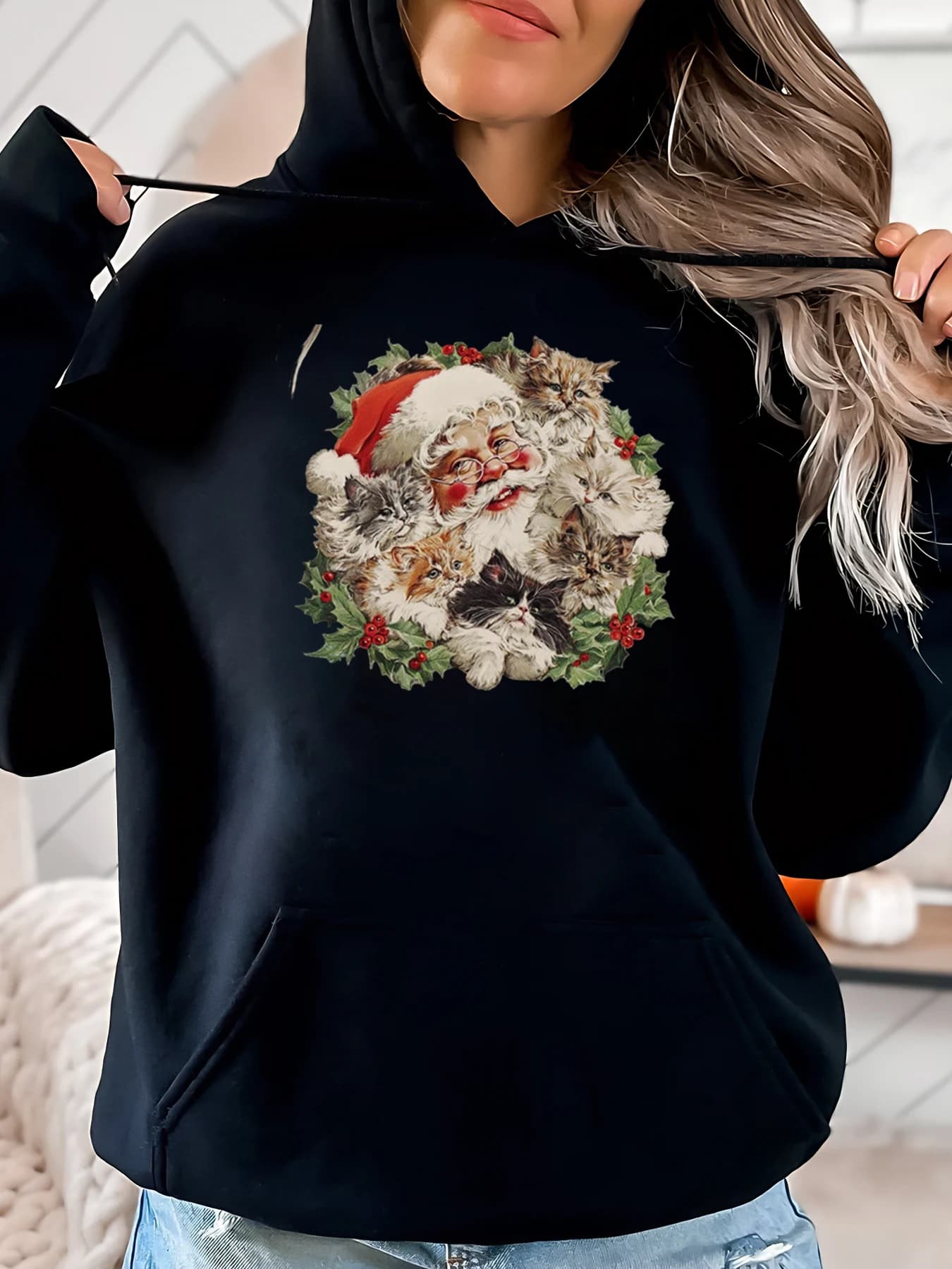 Hoodie with Santa Claus Christmas print with cats Women casual clothing for winter holidays Black Strong cuts