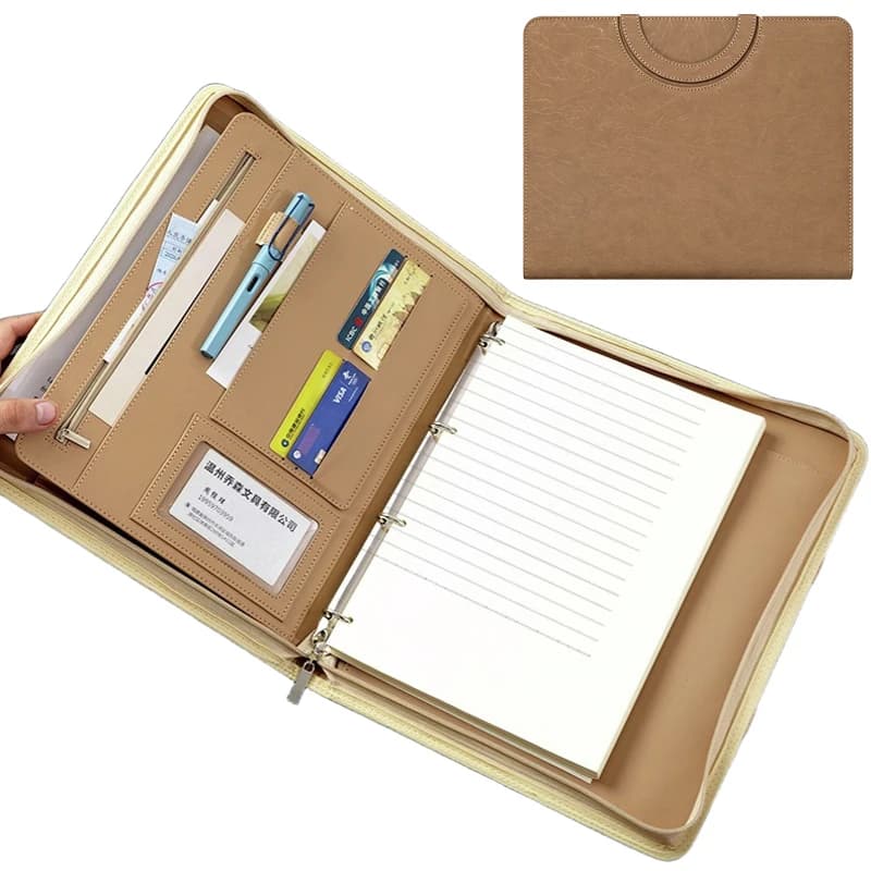 Multifunctional A4 PU Leather Business Portfolio Folder Ring Binder Document Holder With Card Slots Pen Holder Office Meeting Co
