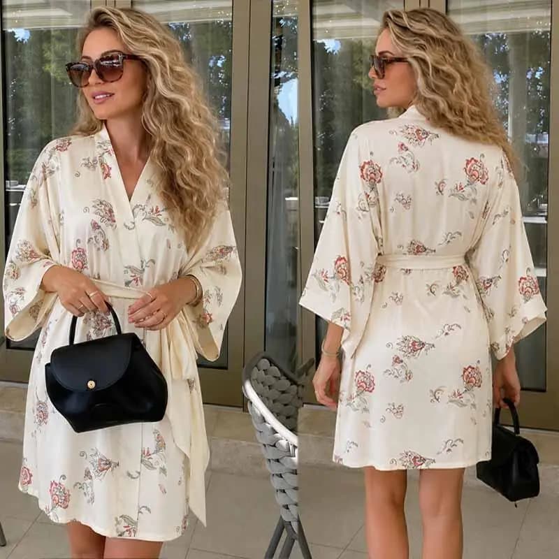 Women Newest Satin Robe Chiffon Print Floral Homewear Kimono Sexy Gown Summer Bathrobe Loose Nightgown Belt Thin Loungewear