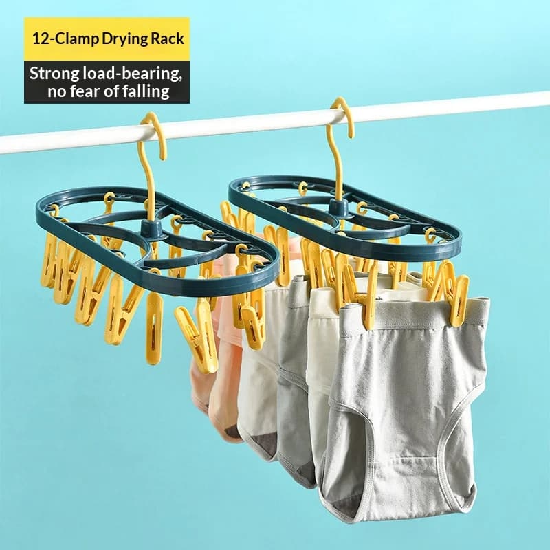 12 Clips Windproof Laundry Drying Hanger 360° Rotatable Hook Plastic Clothes Clip Rack for Socks Underwear Outdoor Drying