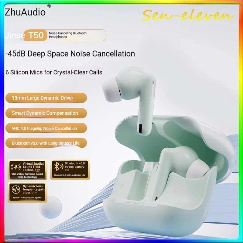 Bluetooth headphones TWS Zhuliniao Jinse T50 ANC, Low Latenza Gaming Headphones, HiFi Audio for Office and Pendolarism