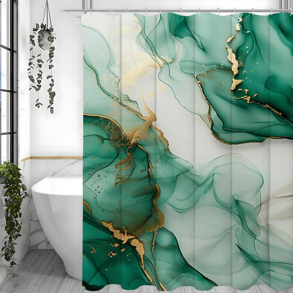 Green Marbled Flow Art Shower Curtain, Bathroom Decorative Shower Curtain, Waterproof Shower Curtain with Hooks