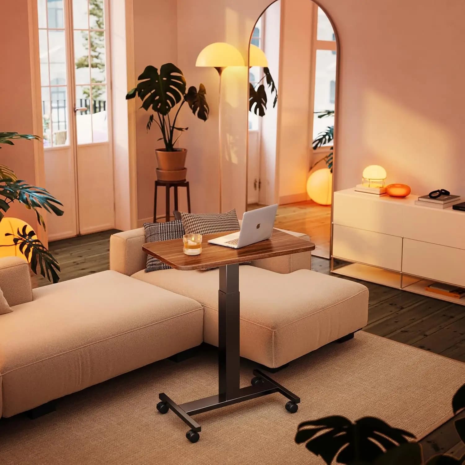Scrivania per laptop mobile regolabile con ruote bloccabili, postazione di lavoro portatile Sit-Stand per ufficio domestico