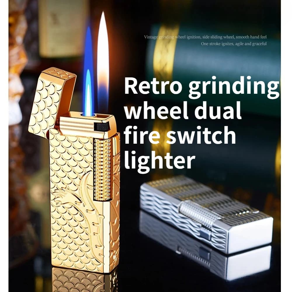 Accendino a doppia fiamma gonfiabile Langsheng di alta gamma, versione stretta, con rotella di accensione a scorrimento laterale, ideale come regalo