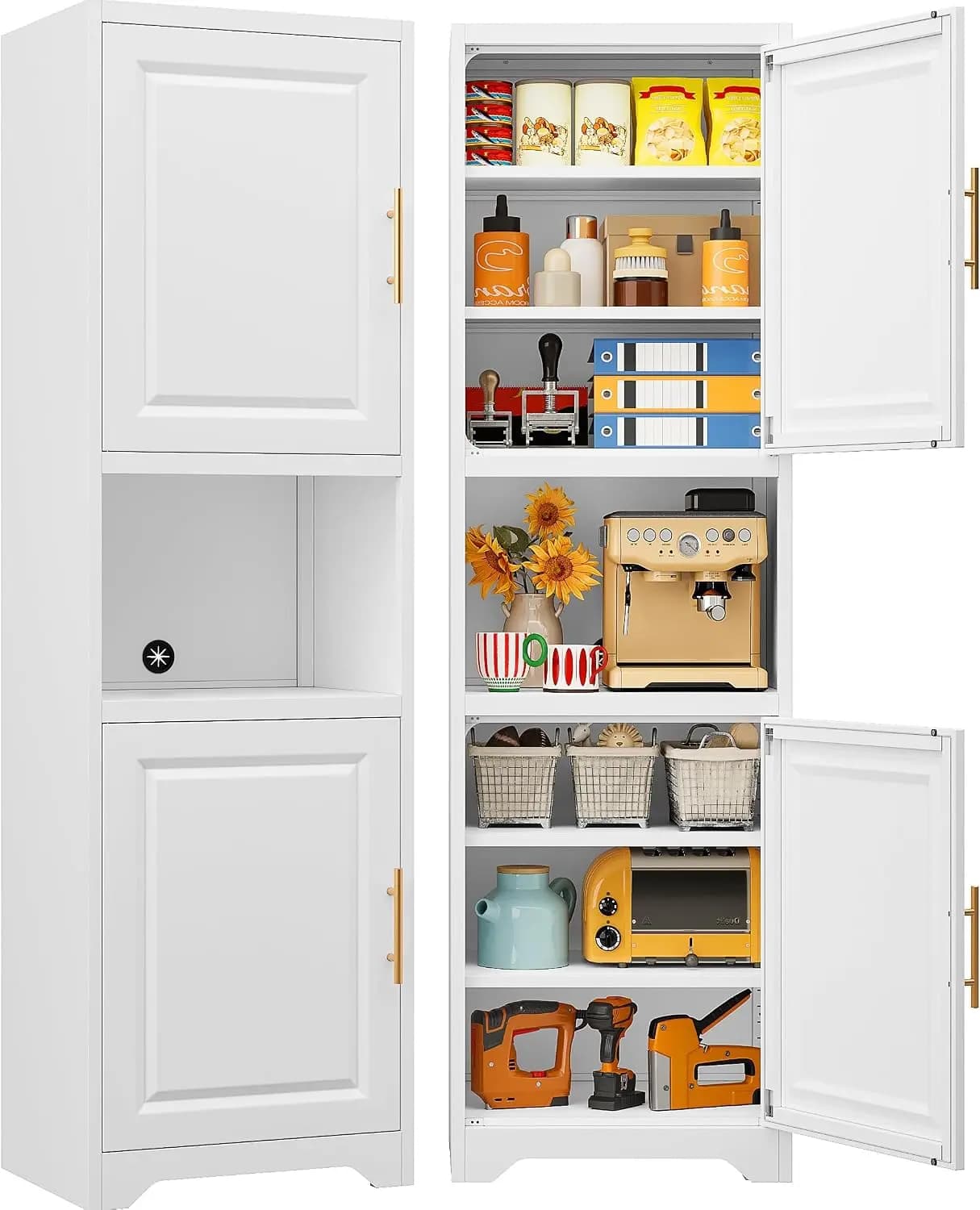 67 Inch Tall Narrow Storage Cabinet With Two Doors And Seven Shelves Slim Kitchen Pantry Metal Bathroom Cupboard Rack Organizer For Laundry Home White