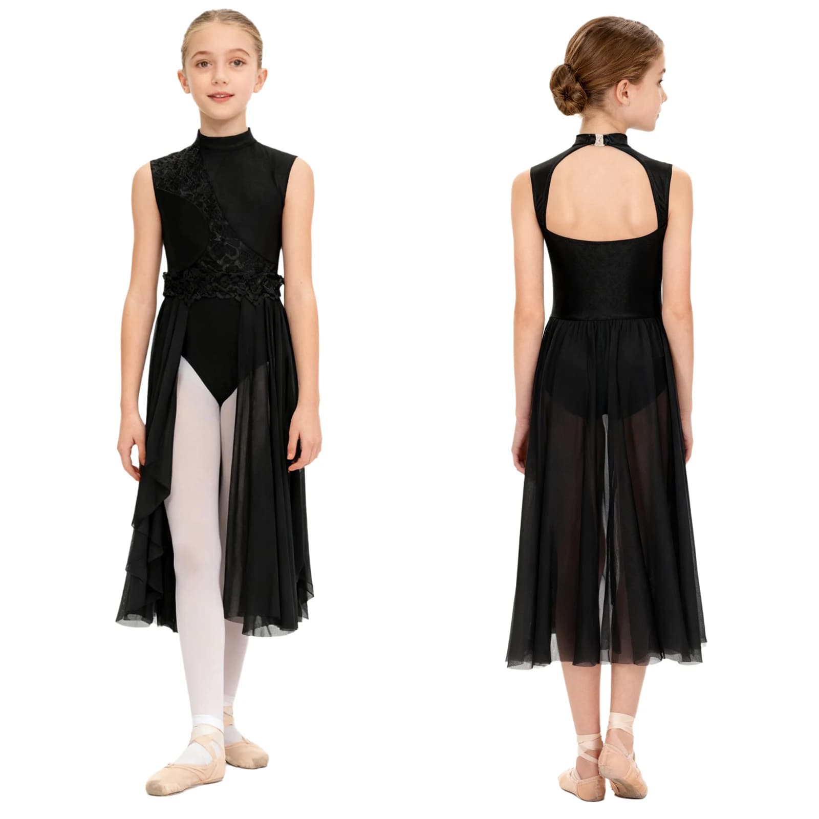 Vestito da danza moderna lirica per balletto per bambina, vestito da ginnastica per performance di pattinaggio di figura, abito body in pizzo floreale senza maniche