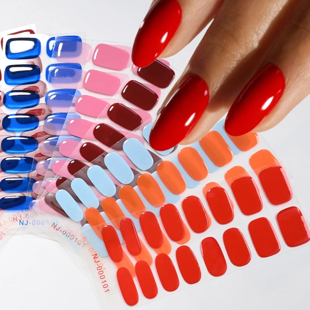 16Tips Semi-Cured Gel Nail Art Stickers &1pcs Nail File 17 Solid-Colors UV/LED Lamp Need Nail Wraps Full Cover Gel Nails Strips
