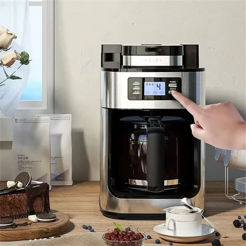 1500 W automatic coffee maker - All-in-one drip for office/house with grinder, fast production, black stainless steel, easy to clean