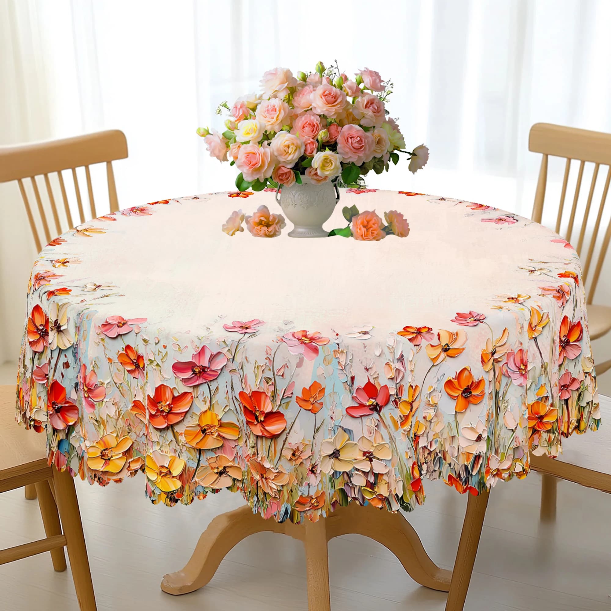 1 Piece Oil Painting Texture Wildflower Pattern Tablecloth, Spring and Summer Floral Decoration Party Supplies, Machine Washable Tablecloth with Embossed Edges, Suitable for Farmhouse, Cafe, Restaurant, Home, Indoor and Outdoor Decoration