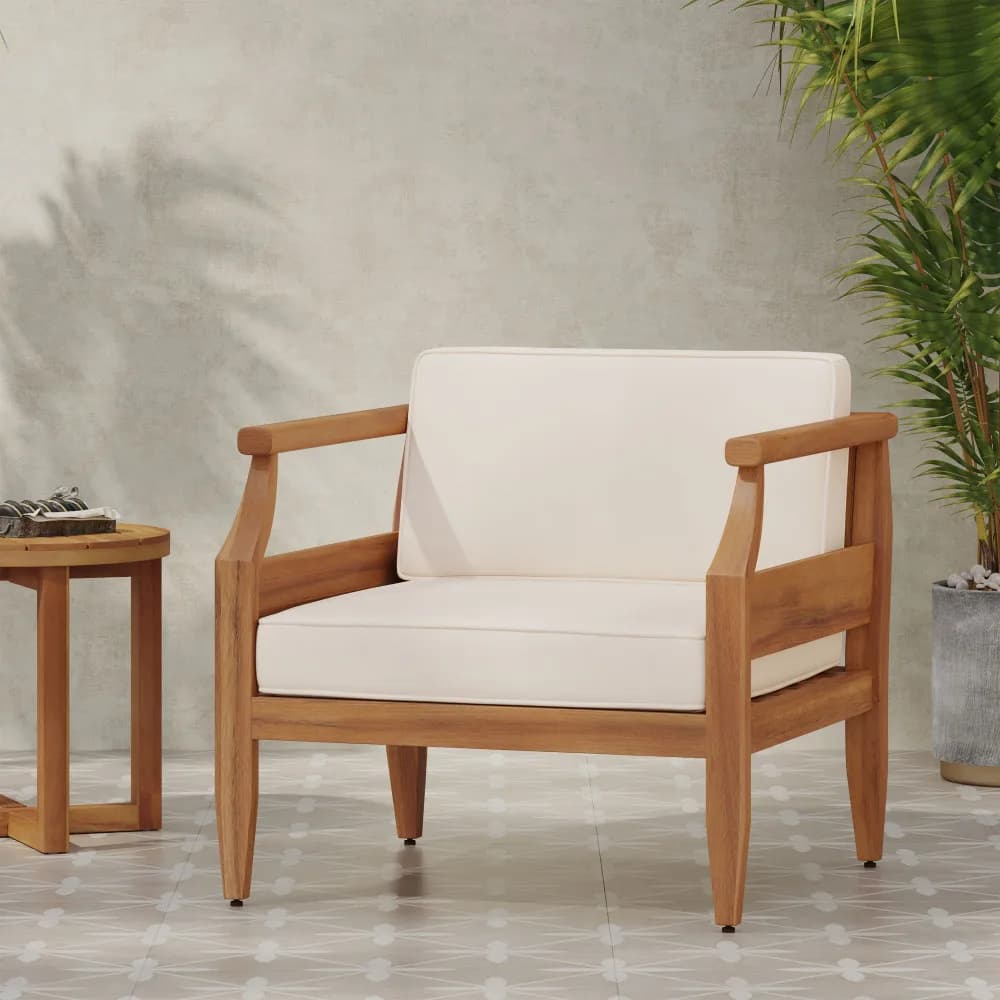 Poltrona da Esterno in Legno di Acacia con Cuscino Resistente all'Acqua, Sedia Moderna per Giardino, Patio, Cortile e Bordo Piscina