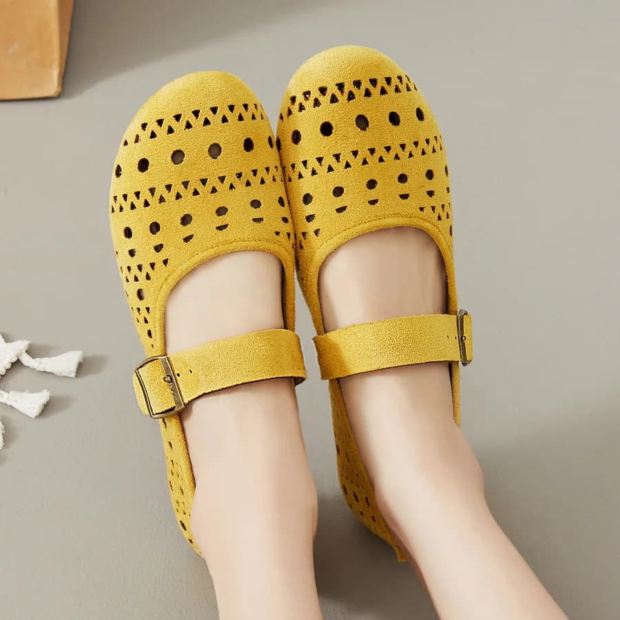Scarpe Basse Mary Jane Gialle con Ritagli da Donna, Taglie Forti 42, Effetto Scamosciato Traspirante, con Fibbia, Casual, Comode per la Mamma, per Camminare Ogni Giorno