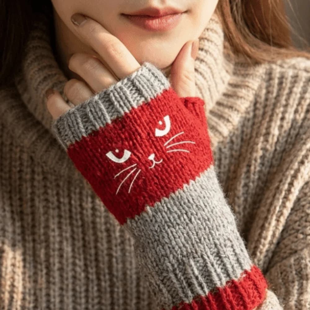 Fashion Thickened Knitted Fingerless Gloves Thick Soft Half Finger Gloves Striped Windproof Cat Embroidery Gloves Girls