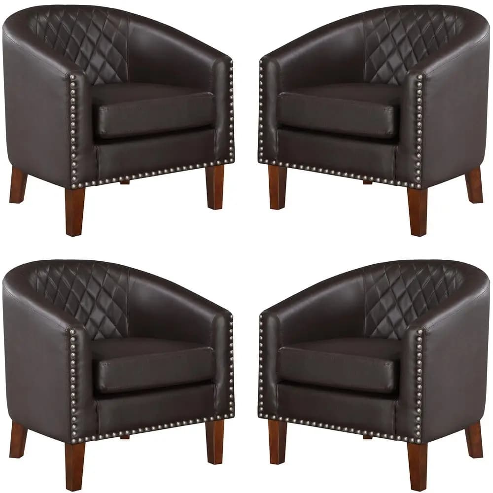 Set di 4 Poltrone Barrel Comode in Similpelle per Soggiorno, Poltrona Club con Cuscino, Schienale a Griglia Diamantata e Borchie Decorative