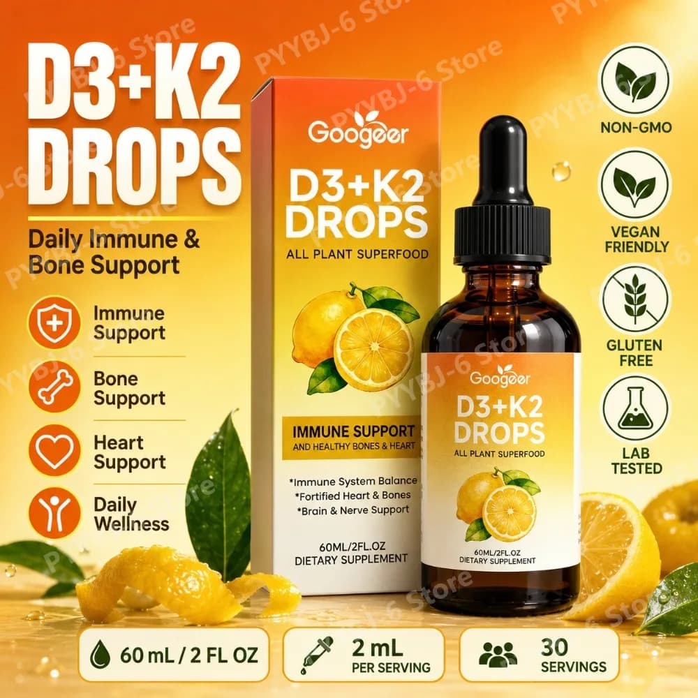 Integratore Liquido di Vitamina D3 K2 in Gocce 60ml, D3 250mcg K2 200mcg, Supporto Quotidiano per Immunità, Ossa e Cuore, Vegano, Non-OGM